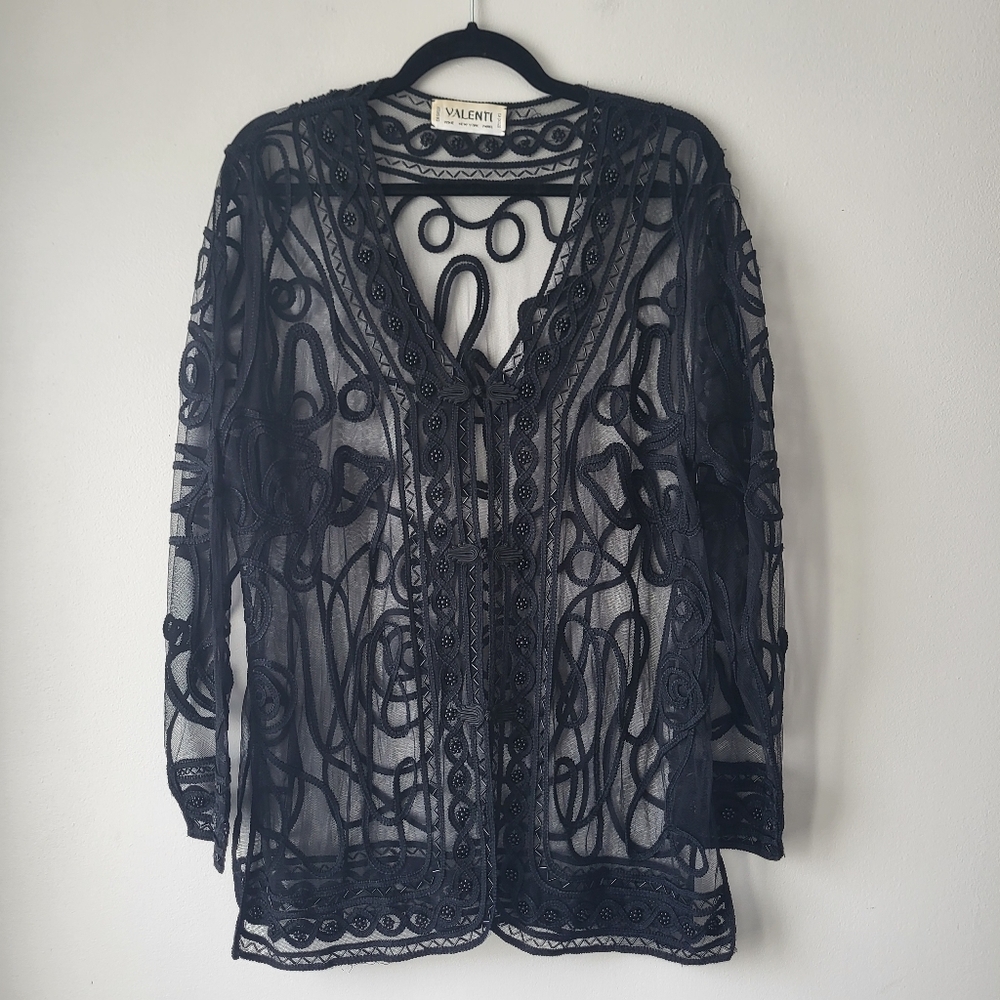 Valenti Black Sheer Lace Cochet Whimpsy Goth Chic Feminine Cardigan Top